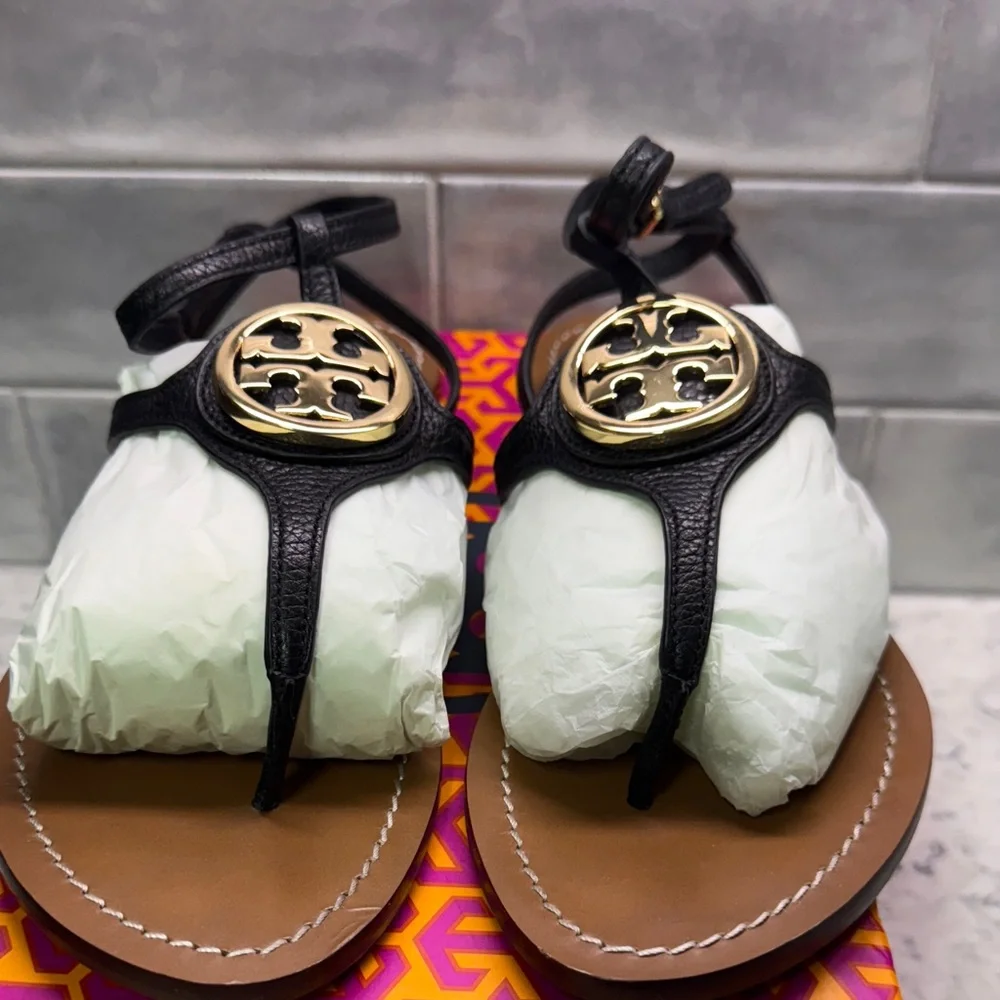 Tory Burch Black & Gold Leather Sandals. Leticia flat tumbled leather. Sz 10.5 - Picture 8 of 13